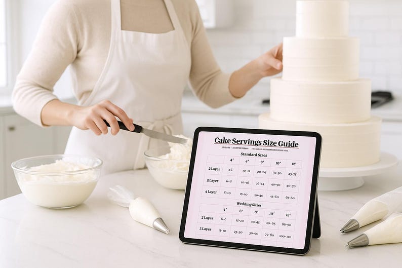 May include: A four-tiered white cake on a white cake stand. A tablet displays a cake servings size guide. Bowls of icing, piping bags, and a spatula are on the counter. The scene is set in a kitchen.