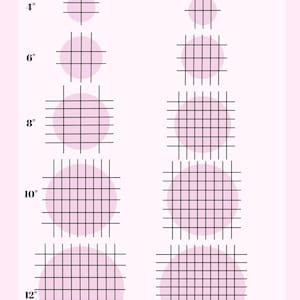 May include: A pink and white guide titled "How to Cut Guide" with diagrams for standard and wedding slices. The guide shows how to cut cakes of various sizes, from 10 cm to 30 cm in diameter, with grid patterns for each size.
