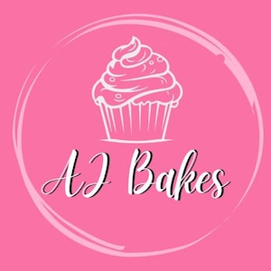 May include: A pink logo with a white cupcake illustration above the cursive text "AJ Bakes". The design is set within a white circular frame against a solid pink background, ideal for a bakery or dessert business.