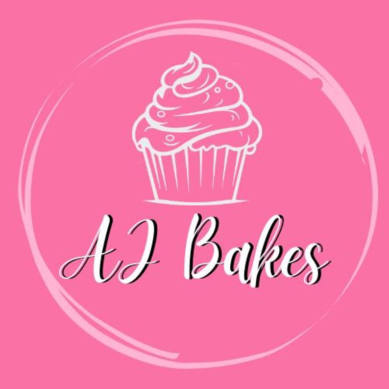 May include: A pink logo with a white cupcake illustration above the cursive text "AJ Bakes". The design is set within a white circular frame against a solid pink background, ideal for a bakery or dessert business.
