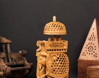 Hand Carved Wooden Elephant Statue with Howdah | Handmade Indian Elephant Decor | Wooden Figurine | Home & Office Decoration | Artisan Gift