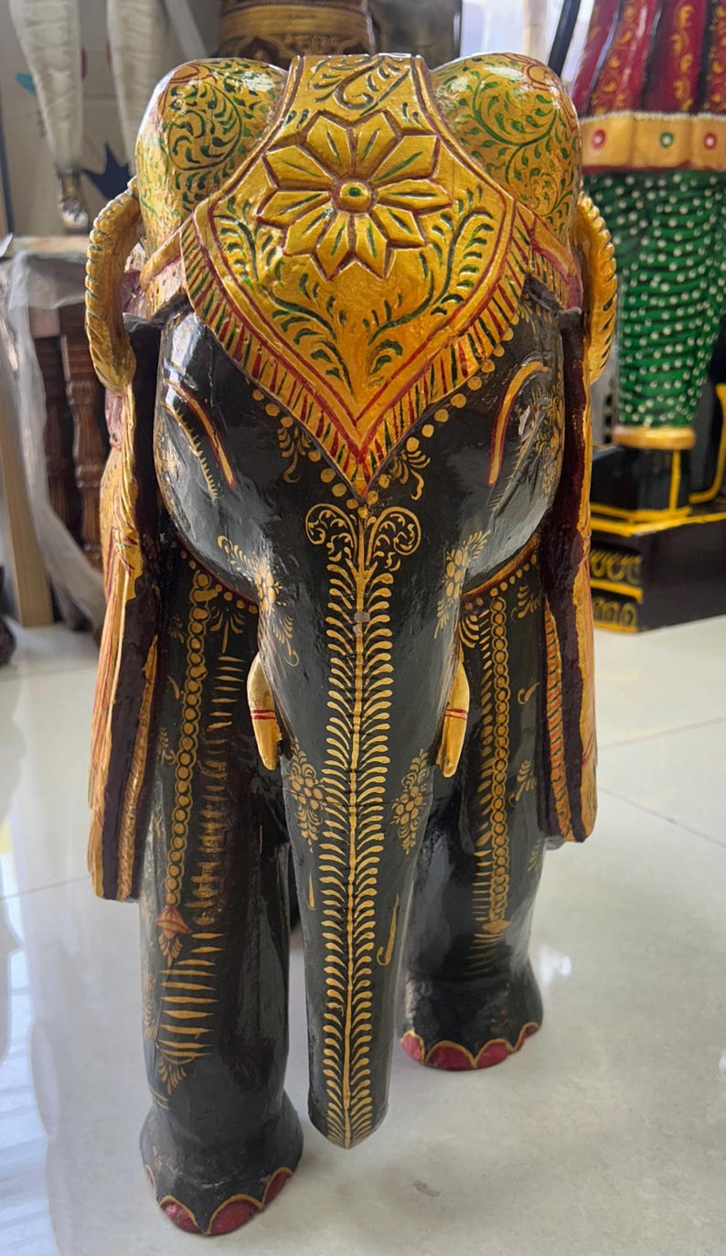 Handcrafted Wooden Elephant Statue – Hand Painted Indian Elephant Decor ...