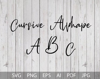 May include: Cursive Alphabet A B C. A black and white image of a cursive alphabet on a white wood background.