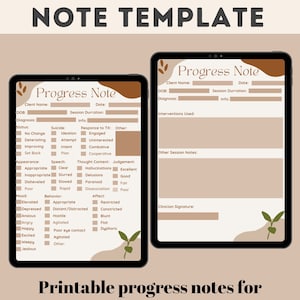 Op de afbeelding: Twee digitale tablet-sjablonen voor voortgangsnotities voor geestelijke gezondheid. De sjablonen zijn bruin en beige met een bladontwerp. De sjablonen bevatten secties voor de naam van de cliënt, de datum, de diagnose, de gebruikte interventies, de duur van de sessie, de status, zelfmoord, de reactie op de behandeling, het uiterlijk, de spraak, de gedachte-inhoud, het oordeel, de stemming, het gedrag, de affecten en andere sessienota's.