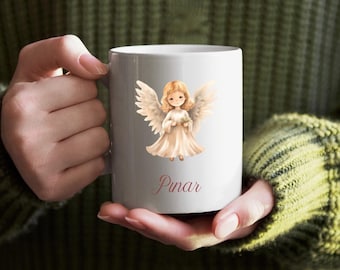 Taza de ángel personalizada: taza de café con nombre personalizado, regalo de ángel de la guarda, taza navideña para ella, taza con ilustración de ángel, idea de regalo para las fiestas