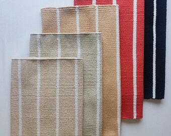 Cotton Flatweave Rug 50x80cm - machine washable - small rug - bath/shower mat - white stripes - black, ecru, ginger, orange, peach