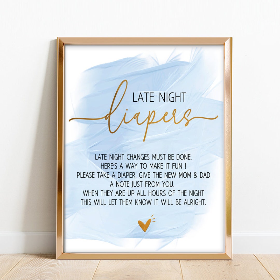 LATE NIGHT DIAPERS Printable, Gold Foil Blue Watercolor Late Night ...