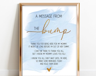 Boy baby shower Message from the bump sign, Blue watercolor Gold Foil baby shower game printable, Funny message from baby game sign pdf D11