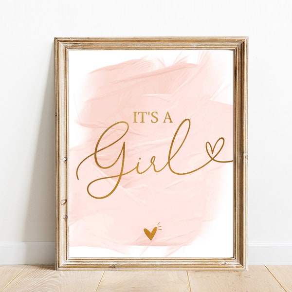 It's a girl sign Printable, Pink watercolor Gold Foil baby shower game printable, baby shower table decoration Baby Girl Announcement D12