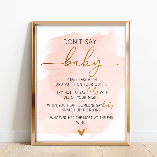 Dont say baby game printable, dont say baby sign, don't say girl baby baby shower game card, Gold Foil Pink watercolor shower games sign D12