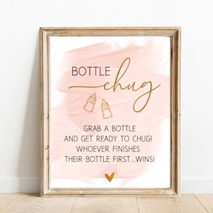 Bottle chug baby shower sign, Pink watercolor Gold Foil baby shower game printable pdf games funny activities, bottle chug game sign D12
