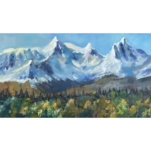 Alaska Painting Mountains Original Art Oil Painting Mountain Landscape Canvas Wall Art 16 by 35&quot; by Olesya Bay