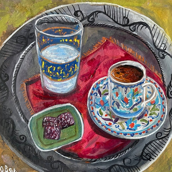 Peinture de café turc Café Original Art Peinture à l’huile 8 par 8 « Turquie Artwork Café turc Wall Art par Olesya Bay