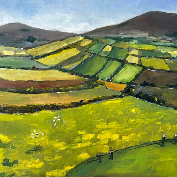 Ireland Painting Green Hills Original Art Irish Landscape Green Wall Art Oil Painting 20 by 16" by Olesya Bay