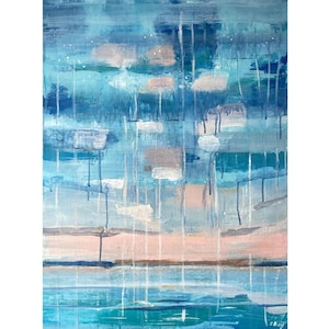 Sky Painting Abstract Original Art Blue Beige Wall Art Lake Acrylic Painting 20 by 28&quot; by Olesya Bay