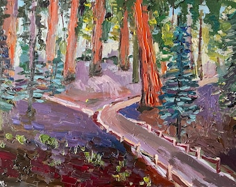 Sequoia Painting Forest Original Art Impasto Oil Painting National Park Tree Wall Art 12 by 8" Impressionism by Olesya Bay