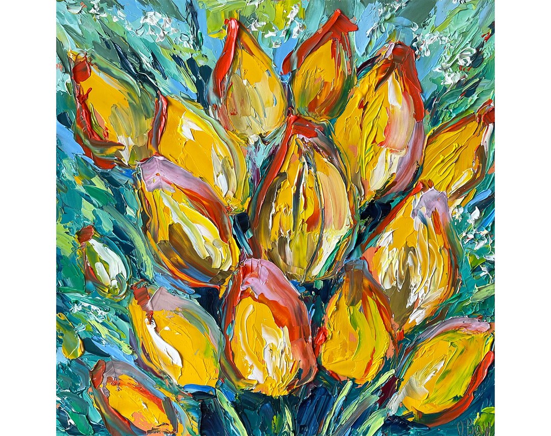 Tulip Painting Flower Original Art Impasto Oil Painting 10 by 10 Tulips ...