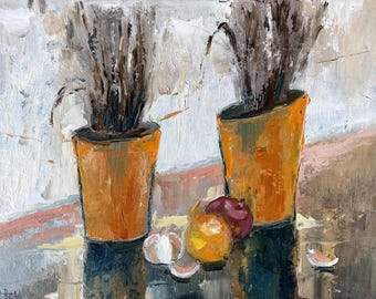 Garlic Painting Still Life Original Art Kitchen Impasto Oil Painting  14x18" by Olesya Bay