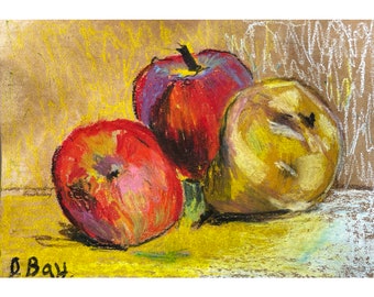 Apple Painting Fruits Original Art Pear Still Life Painting Fruits Wall Art Oil Pastel Art 10 by 6.5" by Olesya Bay