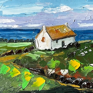Ireland Painting Farmhouse Original Art Irish Wall Art Landscape Impasto Oil Painting Seascape Wall Art 5 by 7&quot; by Olesya Bay