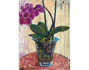 Orchid Painting Flower Original Art Still Life Painting Floral Wall Art Oil Pastel 12x8" Art by Olesya Bay