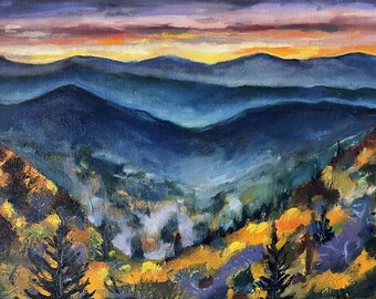 Smoky Mountains Painting Landscape Original Art Sunset Painting 14x20" signed