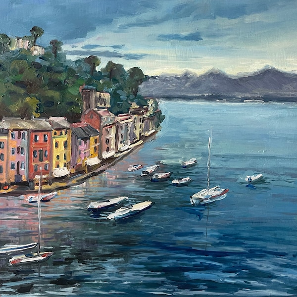 Peinture à l'huile originale d'art italienne de Portofino, peinture de paysage marin d'aventure, 11 x 14 po, par la baie d'Olesya