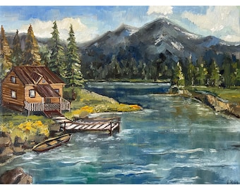 Mountain Painting House Original Art Landscape Painting 12 by 16" Canvas Oil Painting Lake Mountains Art by Olesya Bay