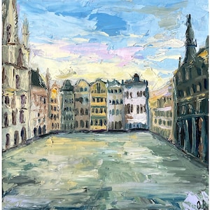Brussels Painting Grand Place Original Art Impasto Oil Painting Brussels Wall Art Cityscape Art 7x7" by Olesya Bay