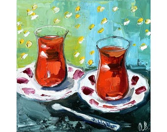 Turkish Tea Painting Original Art Impasto Oil Painting Canvas 7.5"x7.5" by Olesya Bay