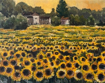 Tuscany Painting Sunflower Original Art Landscape Painting 12 by 16" Canvas Oil Painting Sunflower Field Art by Olesya Bay