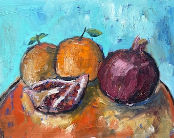 Pomegranate Painting Orange Original Art Impasto Oil Painting Fruit Wall Art Modern Still Life Painting by Olesya Bay