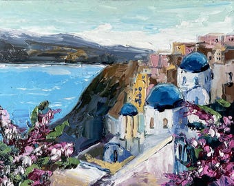 Santorini Painting Greece Original Art Seascape Impasto Oil Painting 6x8" by Olesya Bay