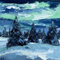 Rainbow Northern Lights Auroraborealis Mountains With Water Scene Oil