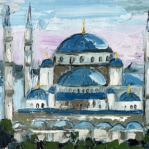 Peinture à l'huile de la Mosquée bleue à Istanbul : art turc des empâtements, 6 x 20 cm