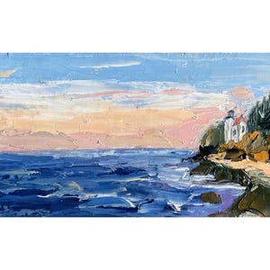 Acadia National Park Painting Lighthouse Original Art Impasto Oil Painting 4 by 8&quot; Acadia Wall Art by Olesya Bay
