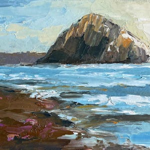 Morro Bay Painting Seascape Original Art Impasto Oil Painting 5 by 7&quot; California Wall Art by Olesya Bay
