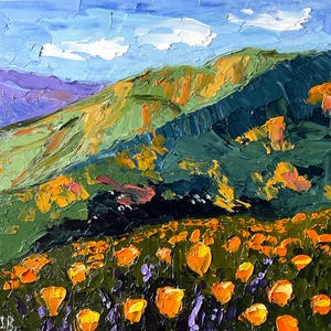 Yellow Poppy Painting Landscape Original Art Impasto Oil Painting California Wall Art 7 by 7&quot; by Olesya Bay