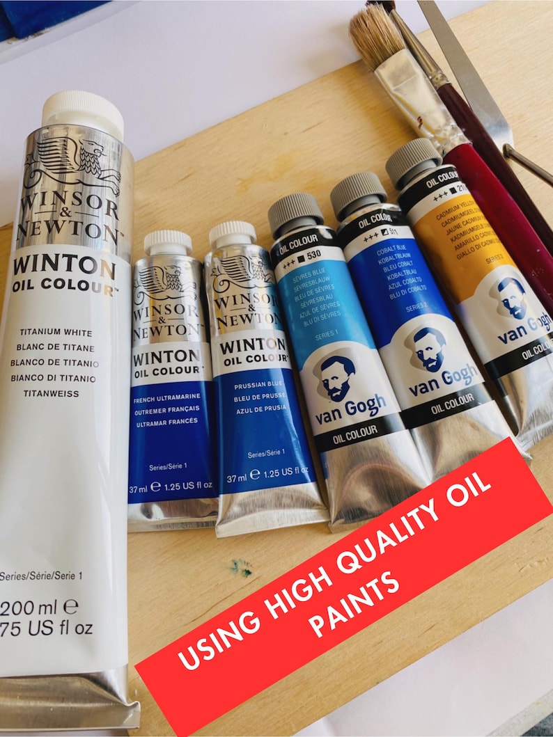 May include: An assortment of oil paint tubes, including brands like Winsor & Newton and Van Gogh, in various colors such as titanium white, ultramarine, and cobalt blue. The image also shows paintbrushes and a palette knife, with the text "USING HIGH QUALITY OIL PAINTS".