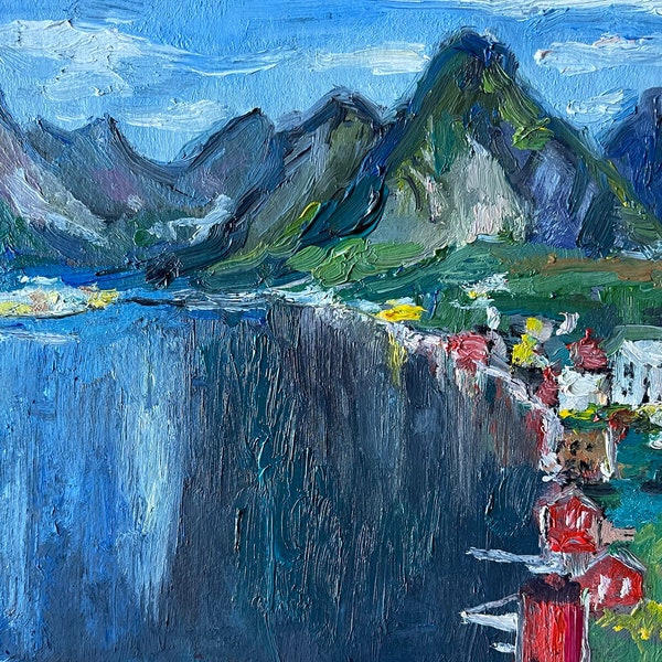 Norway Painting Landscape Original Art Scandinavian Wall Art Northern Norway Painting 5 by 7" by Olesya Bay