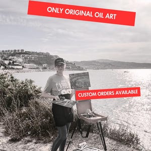 May include: Black and white image of an artist painting outdoors by the sea. The artist is holding a canvas and standing next to an easel. Text on the image reads "ONLY ORIGINAL OIL ART" and "CUSTOM ORDERS AVAILABLE".