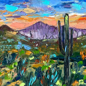 Cactus Painting Saguaro National Park Original Art Impasto Oil Painting 5 by 7" Cactus Wall Art by Olesya Bay