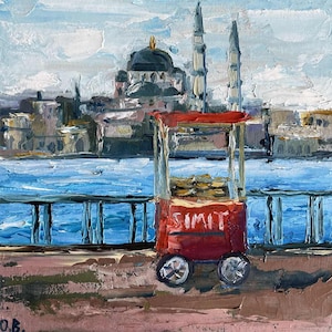 Istanbul Painting Simit Original Art Impasto Oil Painting 7x7" by Olesya Bay