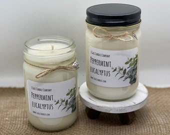 PEPPERMINT EUCALYPTUS Soy Candle | Hand Poured | Mason Jar Candle | Scented Non-Toxic Candle | Small Batch | Gift Idea | Relaxing Spa Scent