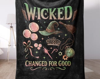 Manta de felpa de felpa "Witched Changed for Good", manta de bruja, acogedora manta gótica de felpa, decoración de teatro musical, estilo magia verde DS103
