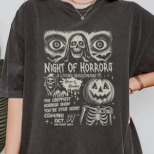Night Of Horrors Shirt Vintage Halloween Grim Reaper Skeleton Pumpkin Creepy Horror Show Oversized Unisex Scary Graphic Tee H18