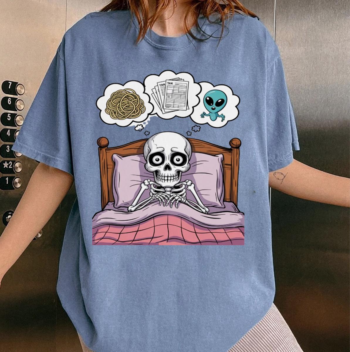 Funny Skeleton Anxiety PNG Sublimation | Skeleton in Bed With Alien ...