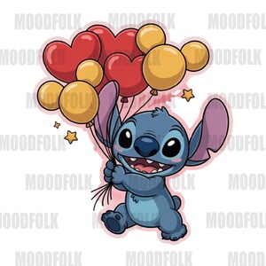 May include: A cartoon illustration of a blue alien-like character holding a bouquet of balloons. The balloons are red hearts and yellow Mickey Mouse-shaped. The character is smiling and has large black eyes and ears. There are also yellow star-shaped accents.