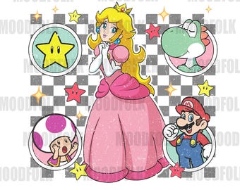 Peut inclure: Illustration de personnages de dessins animés, dont la Princesse Peach en robe rose, Mario, Yoshi, une étoile et un champignon, sur un fond à carreaux. Le texte "MOODFOLK" est répété sur l'image.