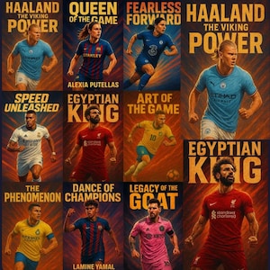 Puede incluir: Un póster de arte digital con jugadores de fútbol con superposiciones de texto. El póster incluye imágenes de Haaland, Alexia Putellas y otros, con frases como "Queen of the Game" y "Egyptian King". La paleta de colores está dominada por azules, rojos y amarillos.